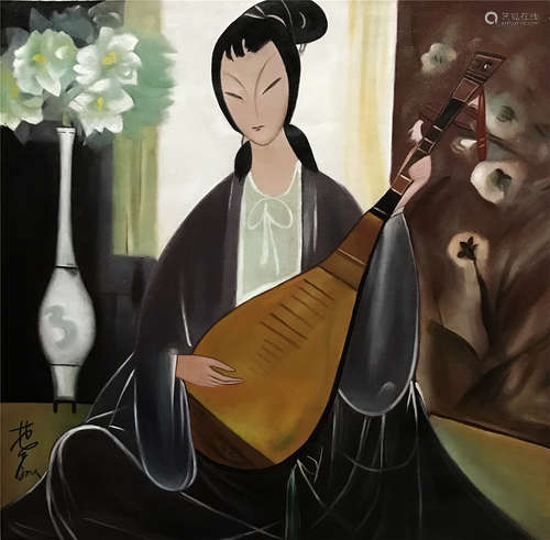 CHINESE SCROLL PAINTING OF BEAUTY PLAYING ZENITH