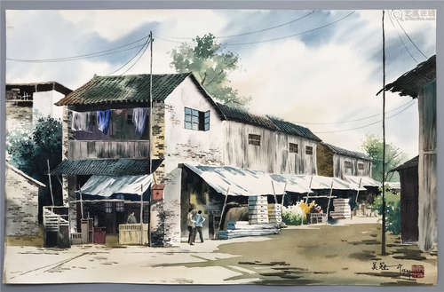 CHINESE WATERCOLOR PAINTING OF LANDSCAPE ON PAPER