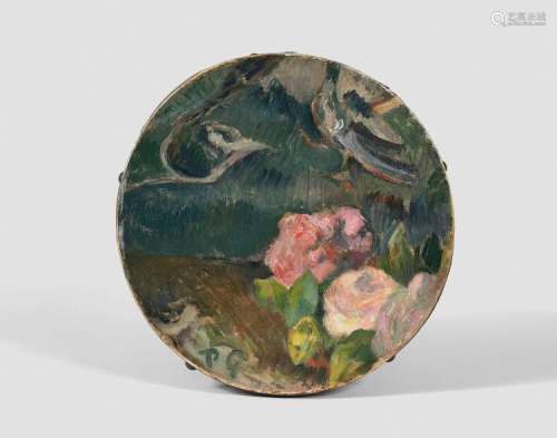 Paul GAUGUIN 1848 - 1903 Fleurs et oiseau, décor de tambourin - Circa 1884-1886 Huile sur peau