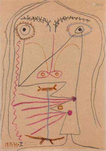 Pablo PICASSO 1881 - 1973 Tête - 1971 Crayon, crayons de couleurs et encre sur carton
