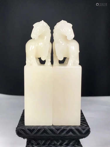 PAIR HORSE PATTERN FURONG SOAPSTONE CARVED SEALS