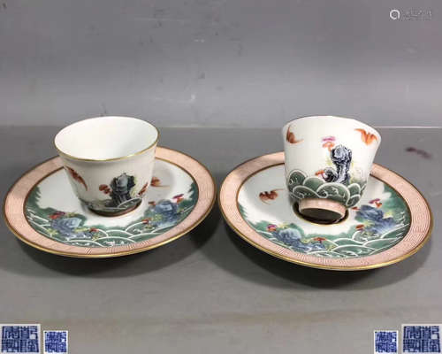 QIANLONG MARK BAT PATTERN CUPS AND PLATES