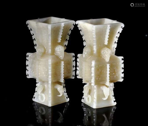 PAIR HETIAN JADE GU-TYPE VASES