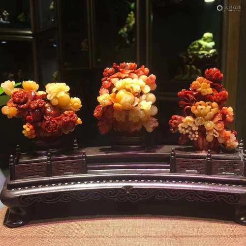 SET OF BLOSSOM PATTERN FURONG SOAPSTONE DECORATIONS