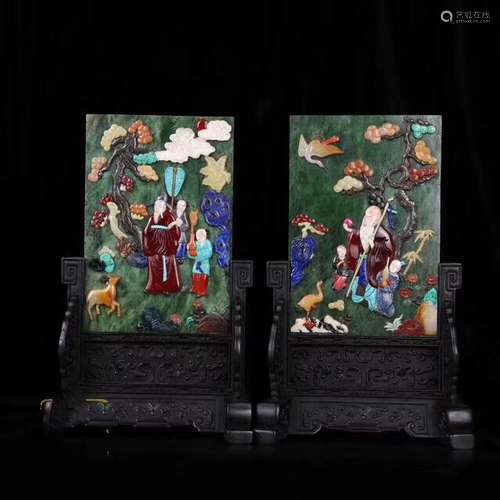 PAIR STONE AND WOOD DECORATED SCREENS