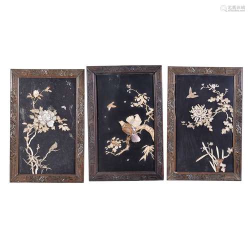 Three Japanese Black Lacquered Panels