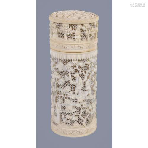 A Cantonese ivory openwork container and cover