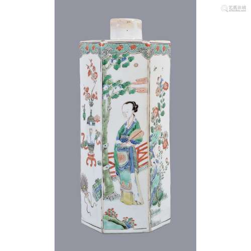 A Chinese Famille Verte hexagonal vase