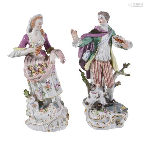 A pair of Meissen models of a gardener and companion