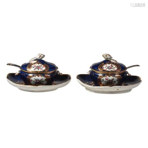 A pair of Worcester blue-ground sauce tureens, covers, ladles and stands, circa …