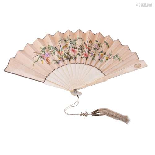A Chinese ivory, paper and silk fan