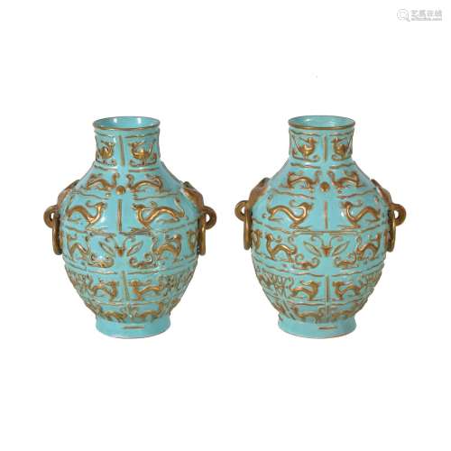 A pair of Chinese turquoise-ground porcelain vases