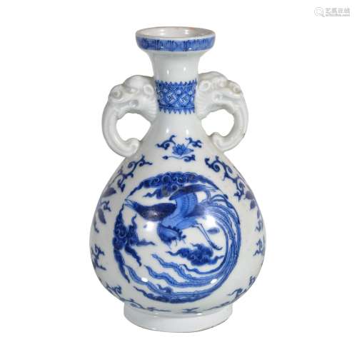 A Chinese blue and white two-handled ‘dragon and phoenix’ vase