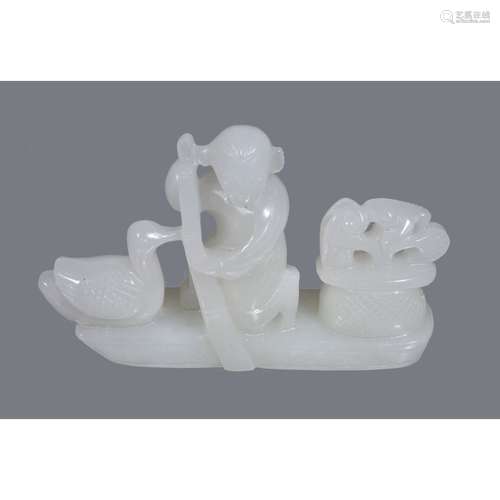 A Chinese white jade ‘boat and goose’ carving