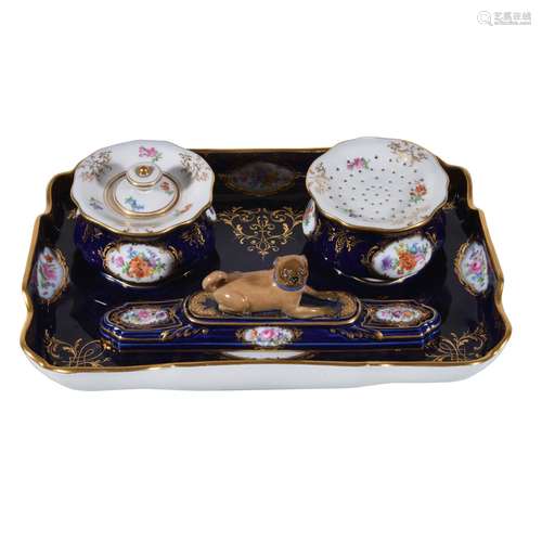 A Meissen porcelain blue-ground inkwell and accoutrements