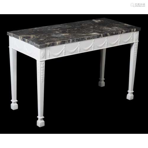 A pair of painted and granite mounted side tables, in George III style