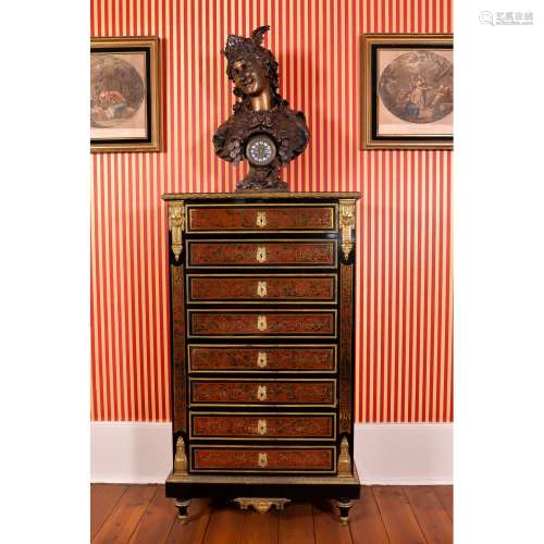 A Napoleon III ebonised and red tortoise shell and brass marquetry secrétaire chest