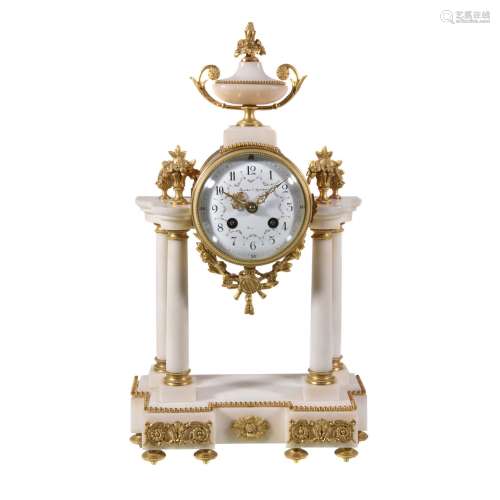A French white marble and gilt metal mounted portico mantel clock