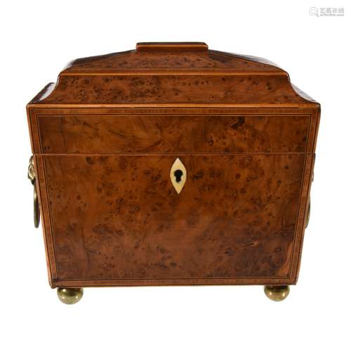 A Regency yew and burr yew wood tea caddy