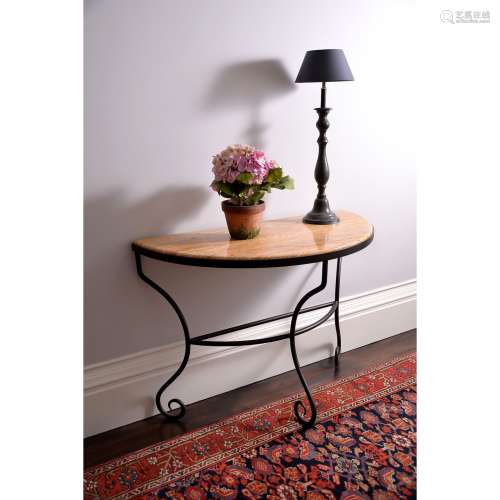 A wrought iron and Sienna marble console table