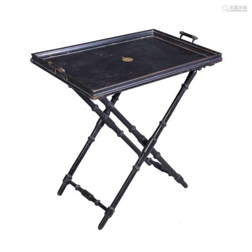 A Regency ebonised wood butler’s tray on stand