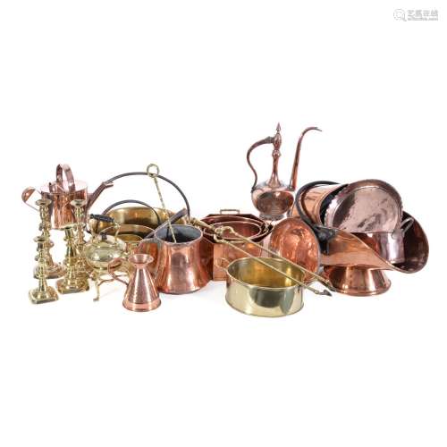 A collection of domestic brass and copperware