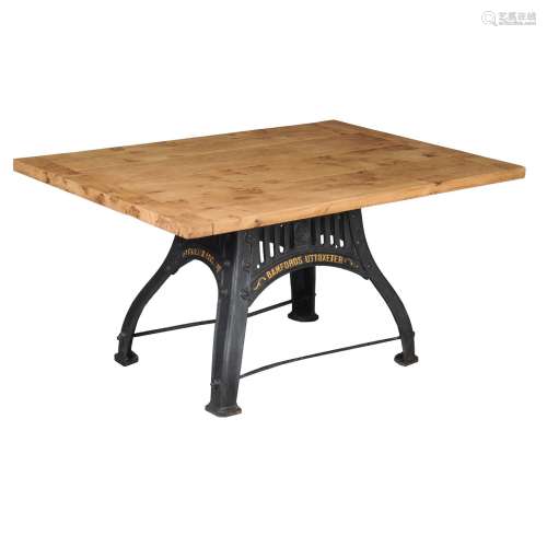 An oak mounted cast iron ‘industrial’ table