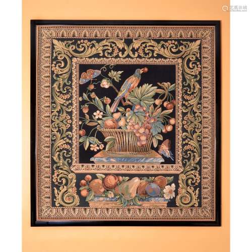 A framed woven tapestry panel