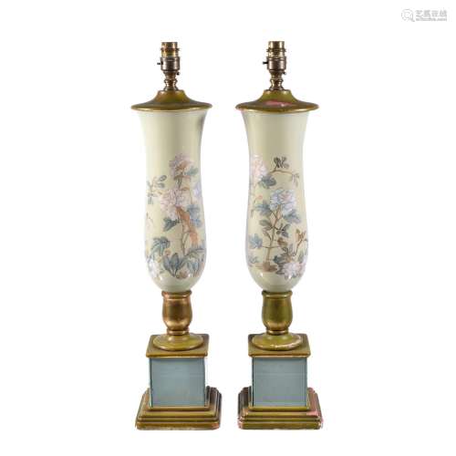 A pair of reverse painted glass vases giltwood mounted as table lamps