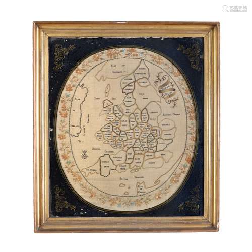 An oval silkwork picture of the counties of England and Wales