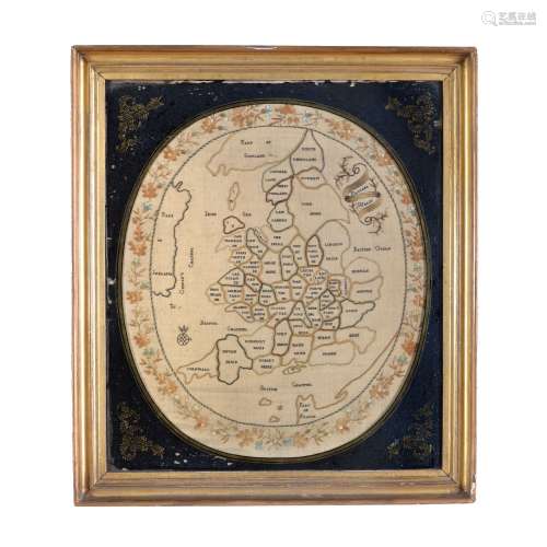 An oval silkwork picture of the counties of England and Wales