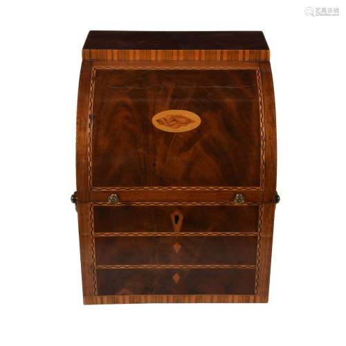 A George III mahogany and marquetry decanter case in the form of a bureau