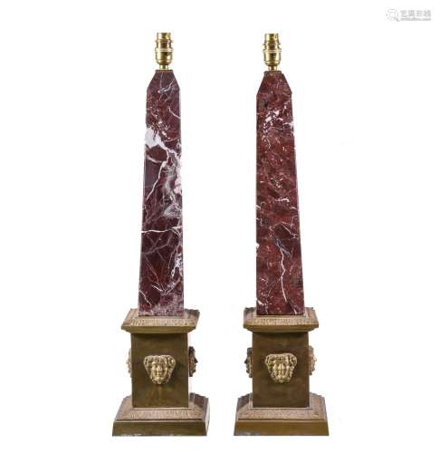 A pair of substantial variegated red and white marble and gilt bronze mounted obelisks fitted as table lamps