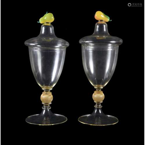 A pair of large modern Venetian clear glass goblets and covers