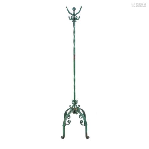 A green painted wrought iron coat stand