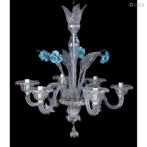 A Venetian glass six light chandelier