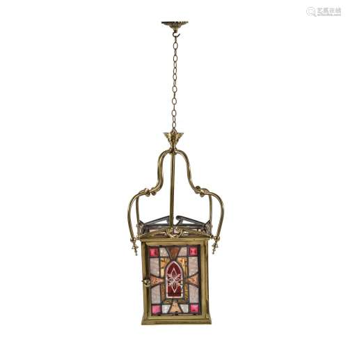 A Victorian brass, leaded and partially stained glass lantern