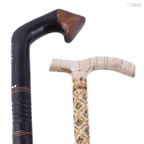 An Indian bone veneered walking stick and others
