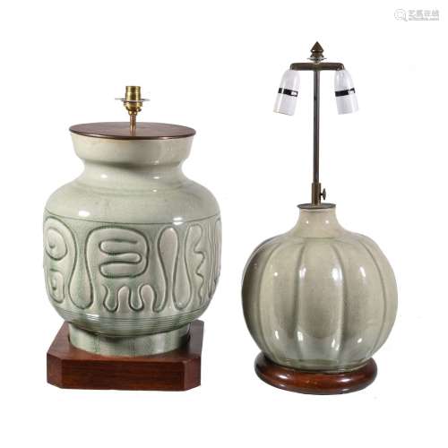 Two celadon glazed ceramic lamps