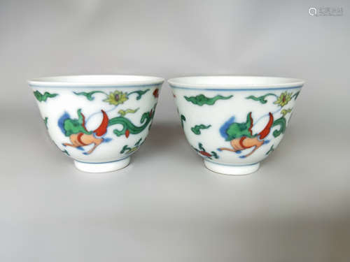 Pair of Chinese Doucai Porcelain Cups