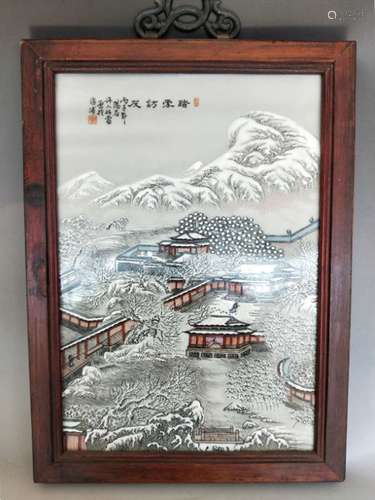 Chinese Snowing Scene Porcelain Plaque