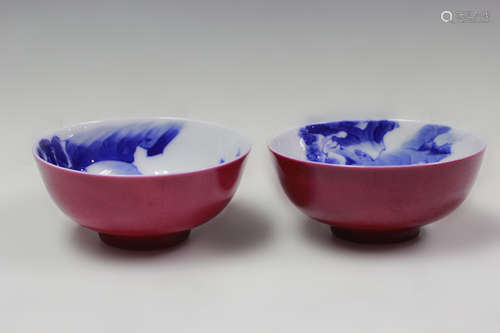 Pair of Chinese Red Ground Bowl, Marks