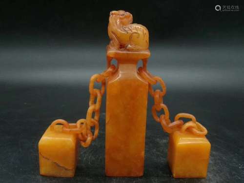 Chinese Yellow Soapstone Seal w Calligrahpy