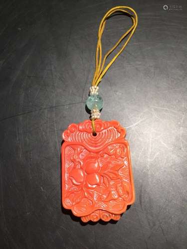 Chinese Coral Red Color Glass Plaque,Waist Ornament