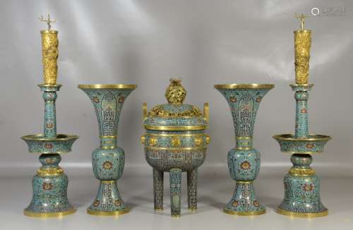 Five piece,Set of Chinese Cloisonne Garniture Set
