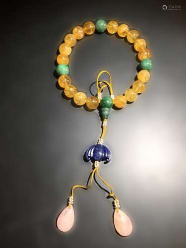 Chinese Yellow Tourmaline 18 Beads Bracelet w Jade