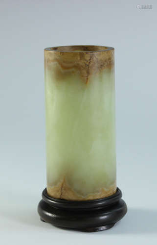 Yellow Jade Brush Pot & Wood Base