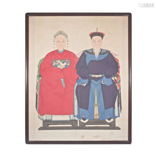 Hand painted ancestor portrait of a male and female on rice paper