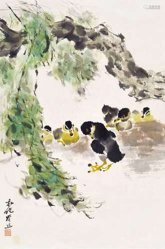 袁晓岑(1915-2008)  鸭雏                                                                                                                                                                                                                立轴 设色纸本