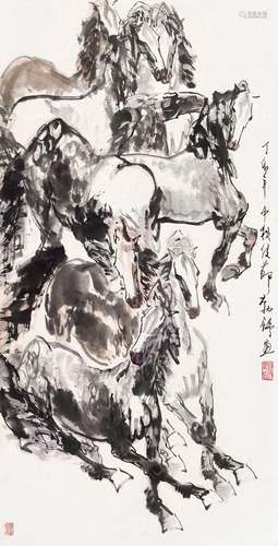 刘勃舒(b.1935)  八骏图                                                                                                                                                                                                                立轴 设色纸本                        丁卯（1987年）作